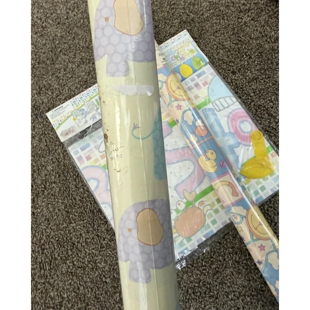 vintage baby shower balloon  banner, frame & 2 rolls of wrapping paper